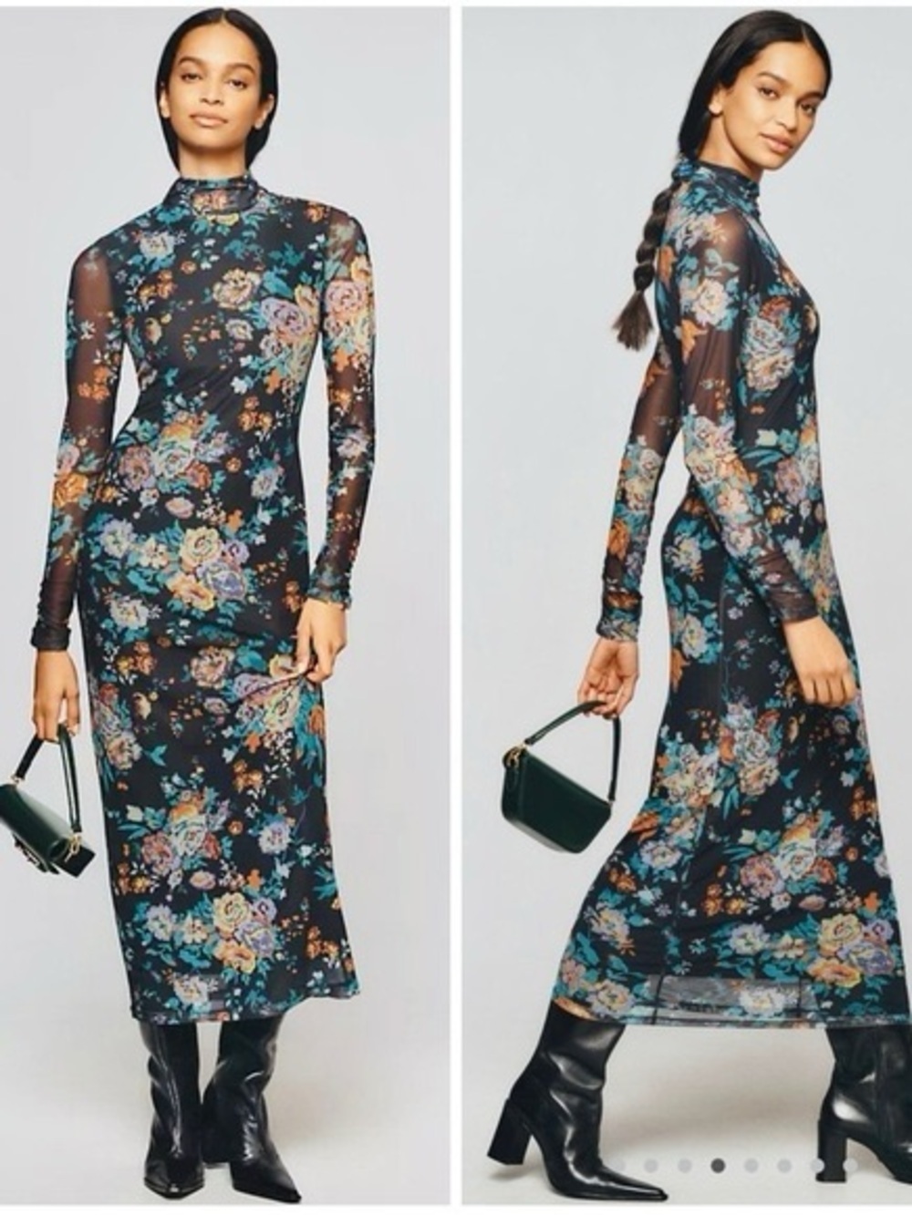 ANTHROPOLOGIE Stretchy Mesh Floral Mock-neck Bodycon Maxi Dress sz XS Cocktail
